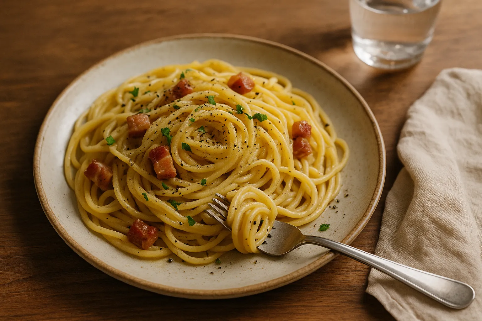 Carbonara italiana clássica de esparguete