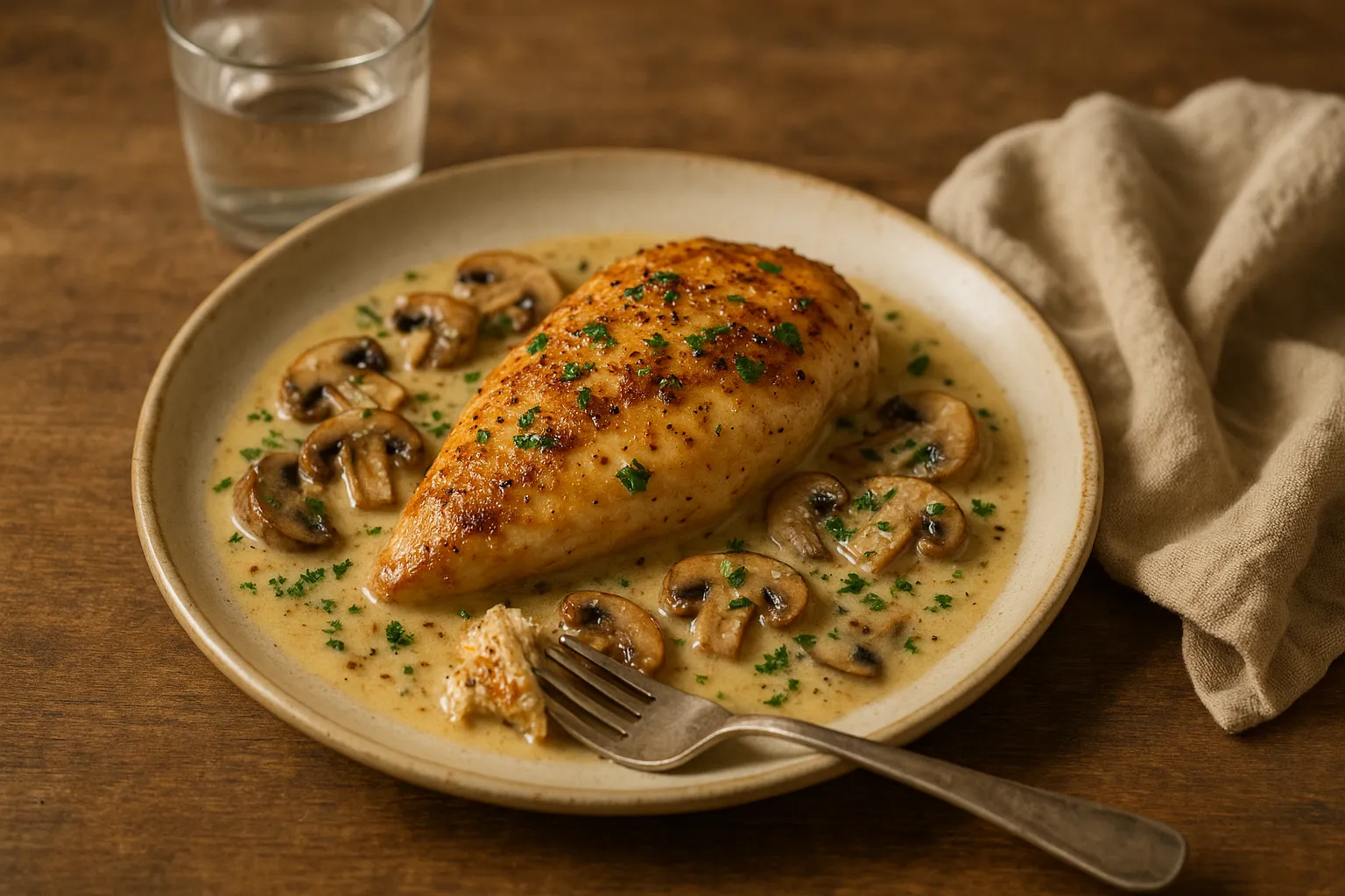 Assado cremoso de frango com alho e cogumelos