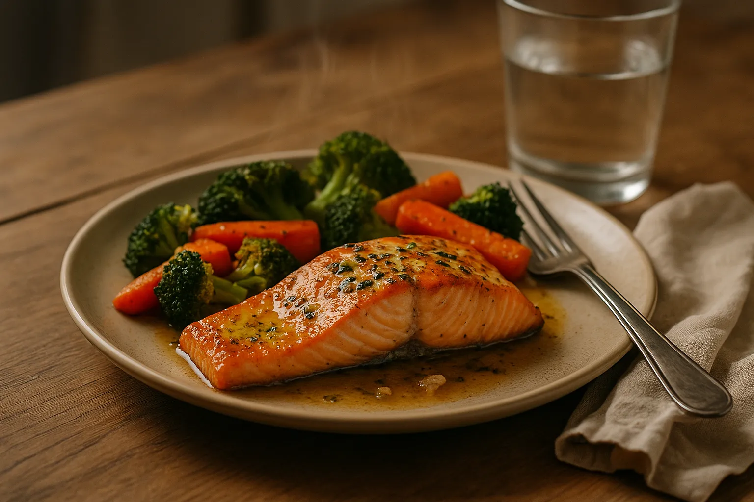 Salmão com Manteiga de Alho e Legumes Assados