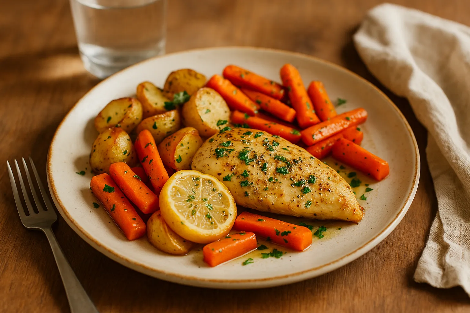 Frango com Ervas e Limão em Uma Só Assadeira com Legumes Assados